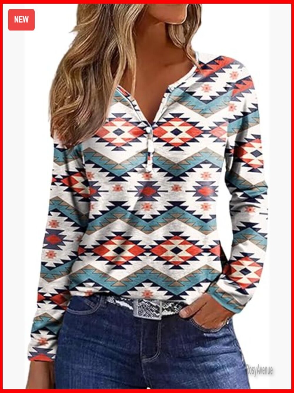 Aztec Print Long Sleeve V-Neck Tunic Blouse